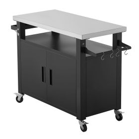 Outdoor Grill Cart with Storage Cabinet, 53.1 Inch Grill Table, Waterproof Kitchen Island with Stainless Steel Top, Shelf, and Wheels