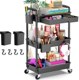 3 Tier Rolling Utility Cart Organizer with Removable Drawer, Stable and Sturdy Black Rolling Storage Carts with 2 Lockable Wheels for Bathroom