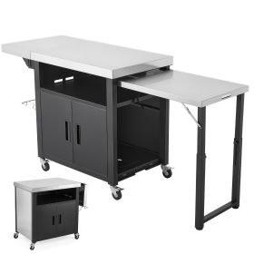 Outdoor Grill Cart with Storage Cabinet, 74.8 Inch Grill Table, Waterproof Kitchen Island with Stainless Steel Top, Pull-Out Plate, Wheels